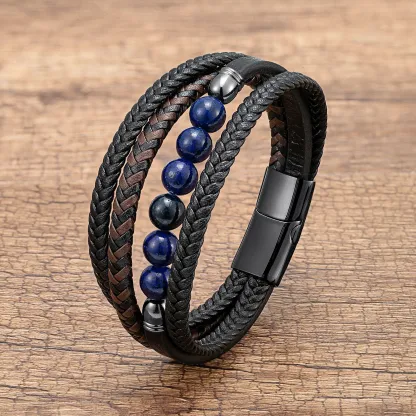 Men's Braided Leather & Natural Stone Bracelet – Stainless Steel Clasp, Stackable & Stylish