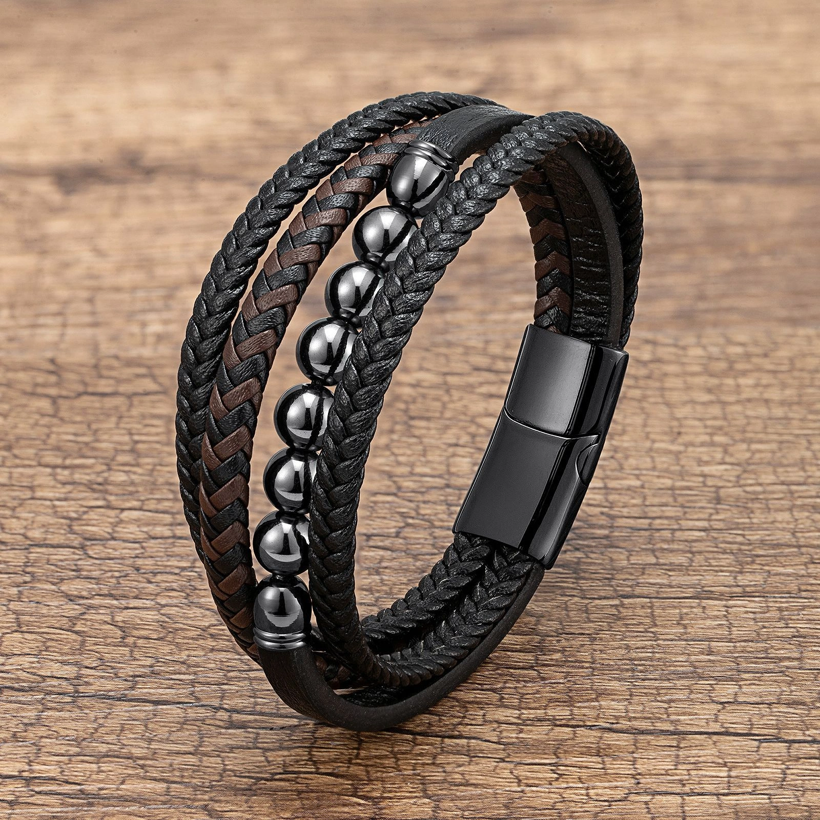 Men's Braided Leather & Natural Stone Bracelet – Stainless Steel Clasp, Stackable & Stylish