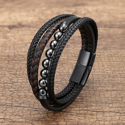 Men's Braided Leather & Natural Stone Bracelet – Stainless Steel Clasp, Stackable & Stylish