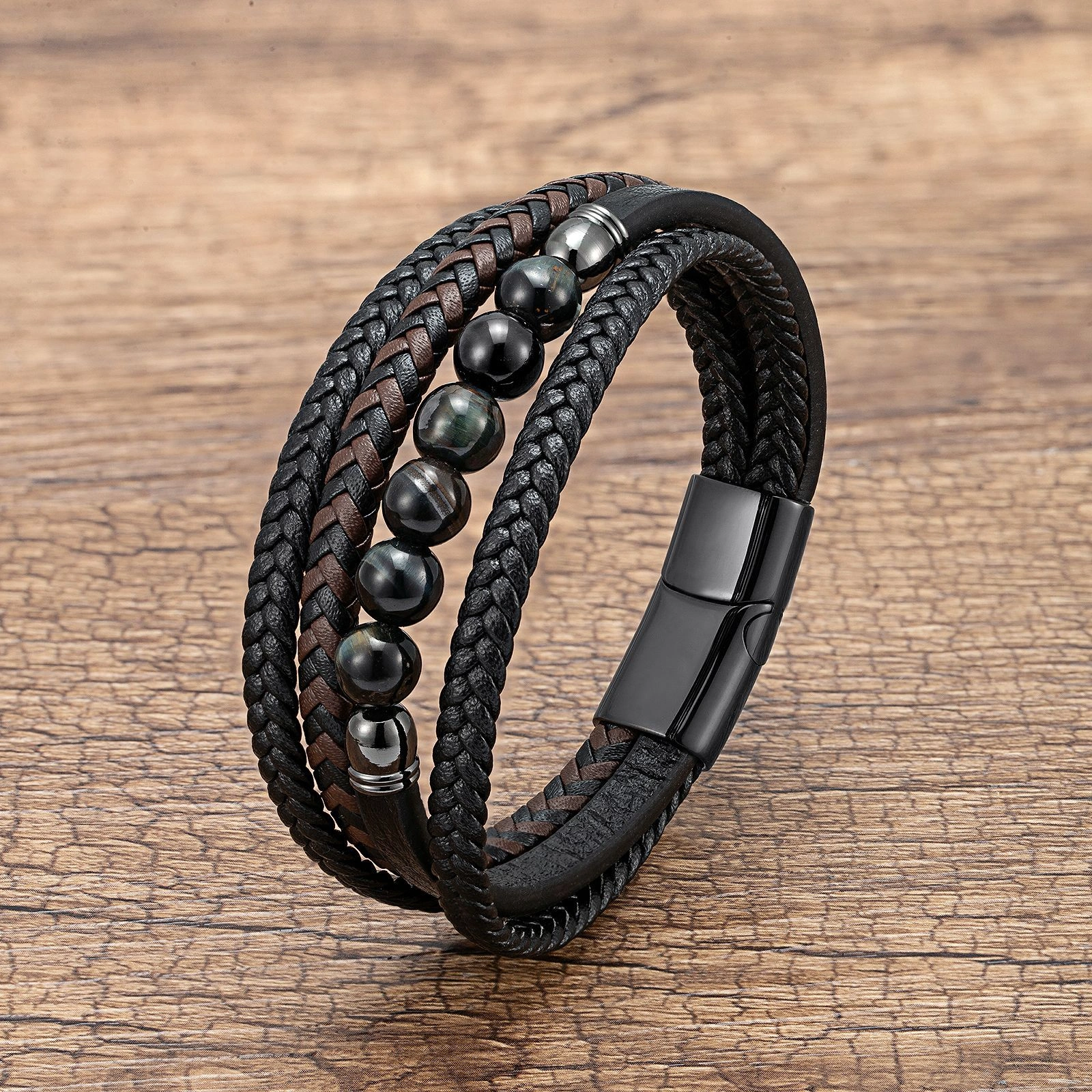 Men's Braided Leather & Natural Stone Bracelet – Stainless Steel Clasp, Stackable & Stylish