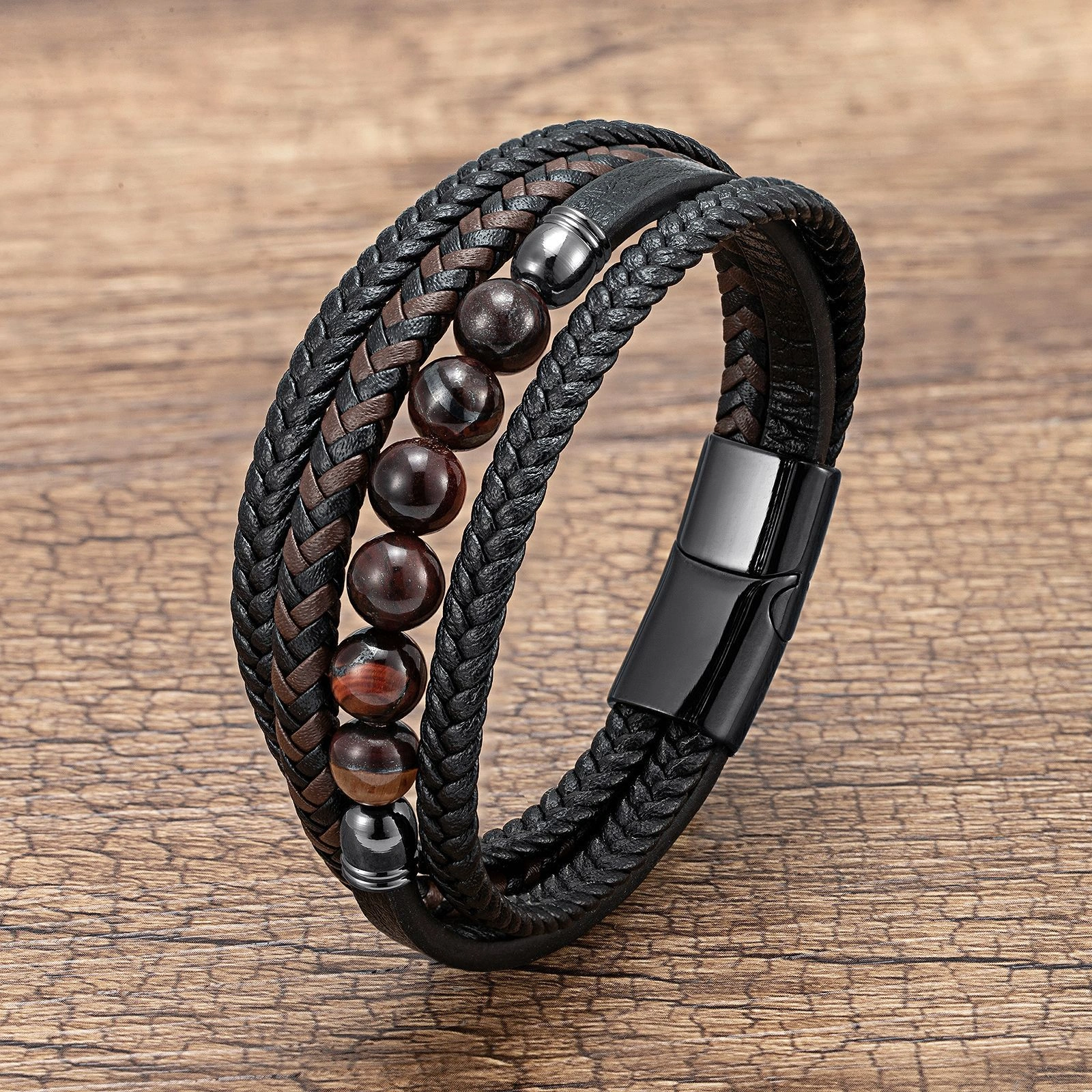 Men's Braided Leather & Natural Stone Bracelet – Stainless Steel Clasp, Stackable & Stylish