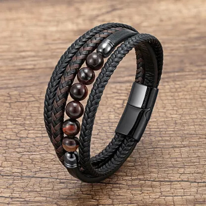 Men's Braided Leather & Natural Stone Bracelet – Stainless Steel Clasp, Stackable & Stylish