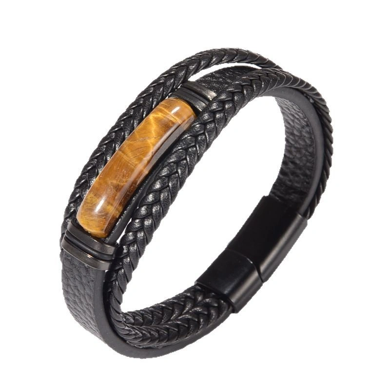 Men’s Gemstone Bracelet with Tiger Eye, Obsidian or Green Aventurine – Braided Design & Magnetic Clasp