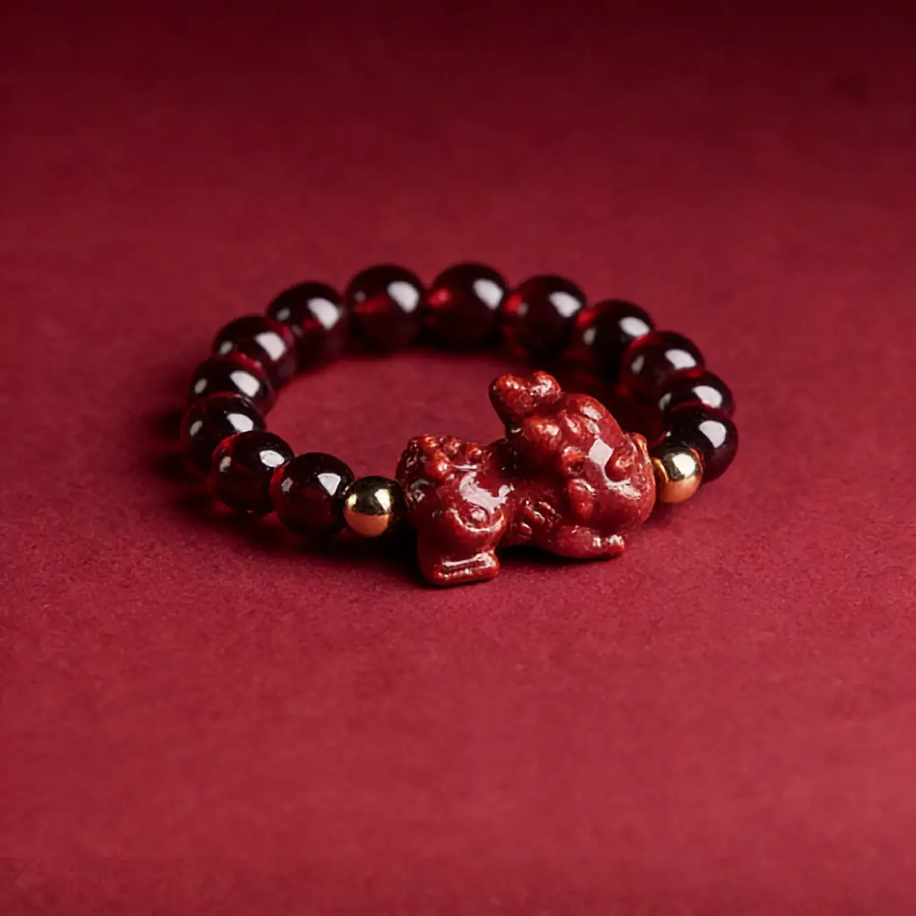 Money Rolling In Cinnabar & Garnet Pixiu Ring for Wealth Attraction & Spiritual Protection