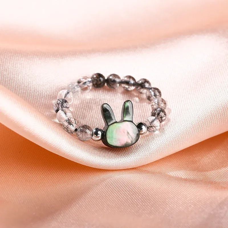 Natural Black Rutilated Quartz Beaded Ring – Mother-of-Pearl Bunny & Cat Designs