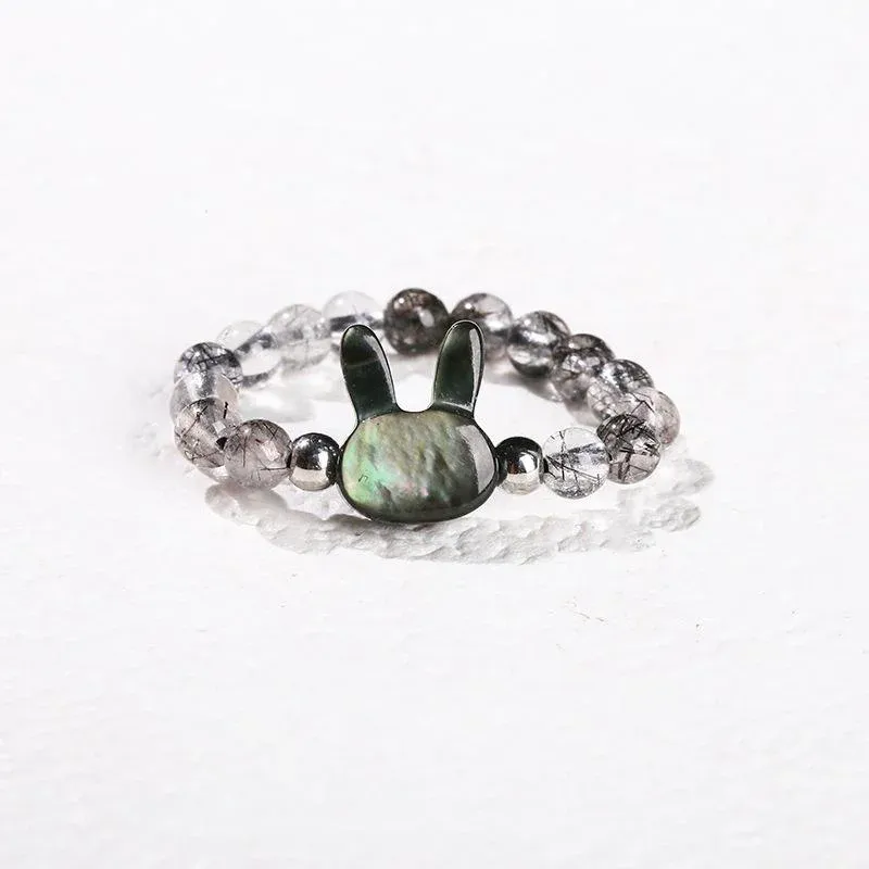 Natural Black Rutilated Quartz Beaded Ring – Mother-of-Pearl Bunny & Cat Designs