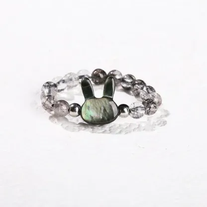 Natural Black Rutilated Quartz Beaded Ring – Mother-of-Pearl Bunny & Cat Designs