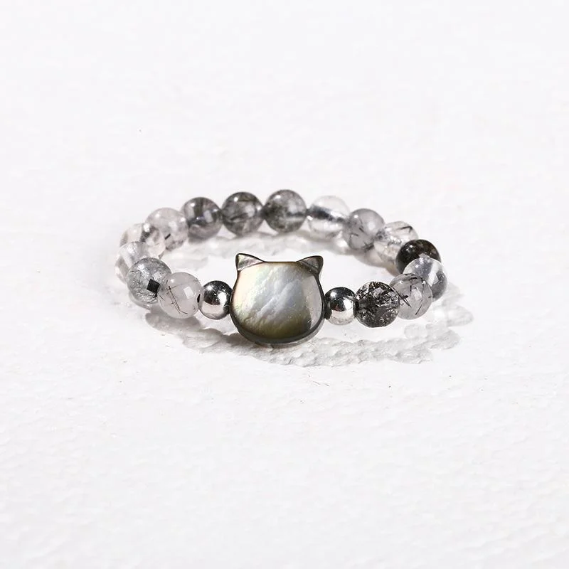 Natural Black Rutilated Quartz Beaded Ring – Mother-of-Pearl Bunny & Cat Designs