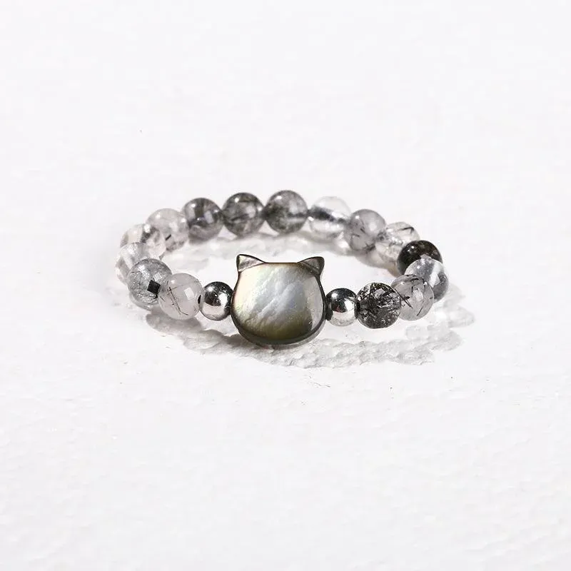 Natural Black Rutilated Quartz Beaded Ring – Mother-of-Pearl Bunny & Cat Designs