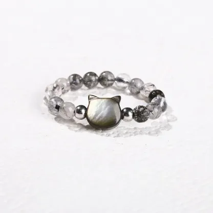 Natural Black Rutilated Quartz Beaded Ring – Mother-of-Pearl Bunny & Cat Designs