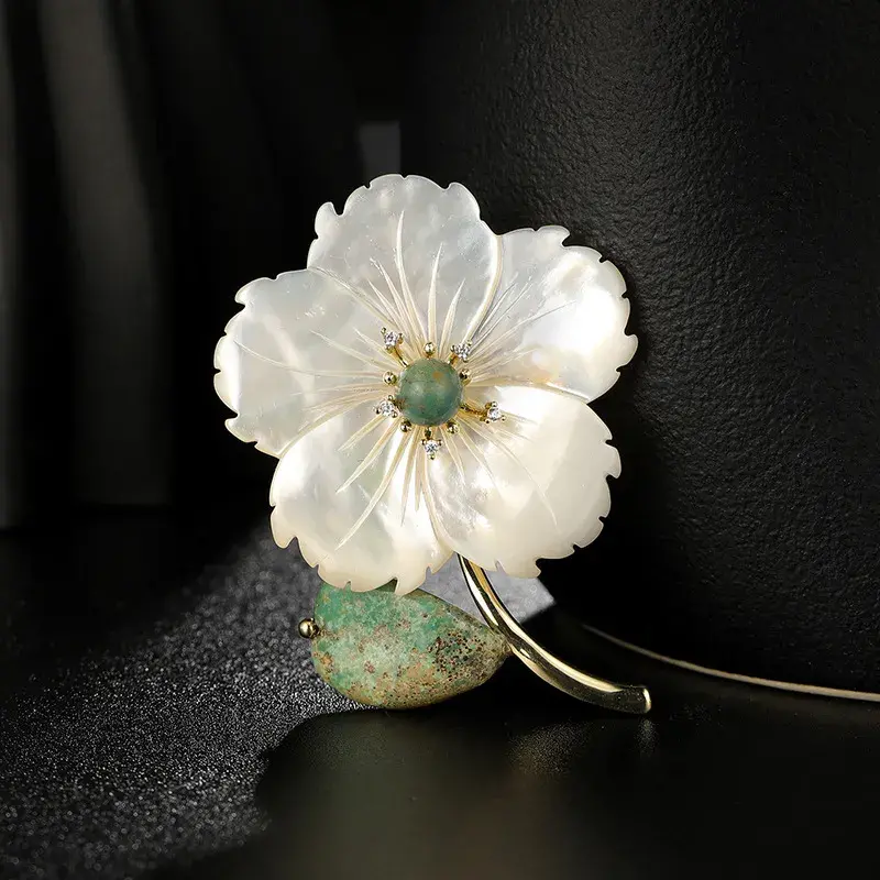 Imperial Stone & Shell Flower Mother of Pearl Brooch – Elegant Sophistication & Timeless Grace