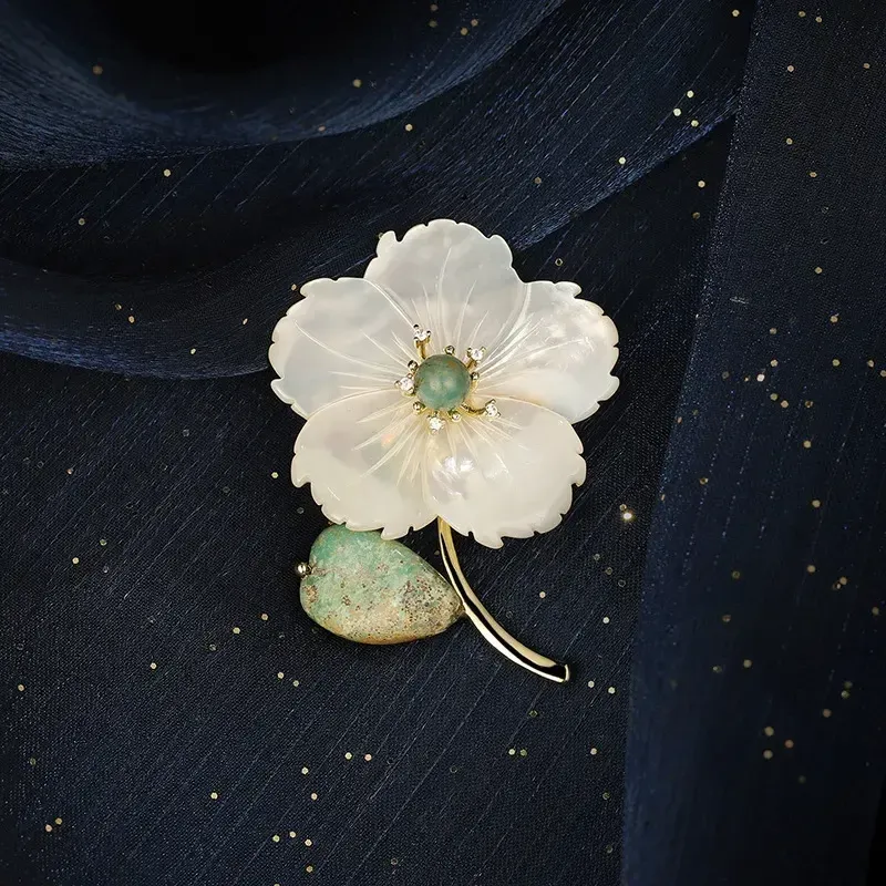 Imperial Stone & Shell Flower Mother of Pearl Brooch – Elegant Sophistication & Timeless Grace