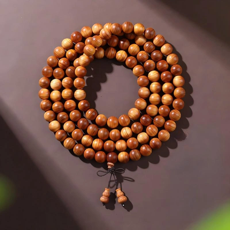 Natural Thuja Wood 108 Bead Mala with Gourd Tassel – Meditation Prayer Beads and Wrap Bracelet