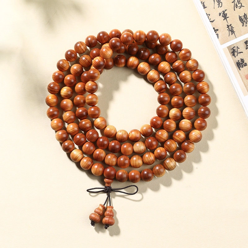Natural Thuja Wood 108 Bead Mala with Gourd Tassel – Meditation Prayer Beads and Wrap Bracelet