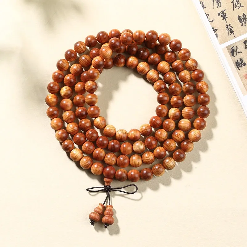 Natural Thuja Wood 108 Bead Mala with Gourd Tassel – Meditation Prayer Beads and Wrap Bracelet
