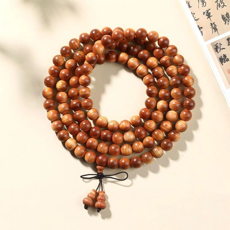 Natural Thuja Wood 108 Bead Mala with Gourd Tassel – Meditation Prayer Beads and Wrap Bracelet