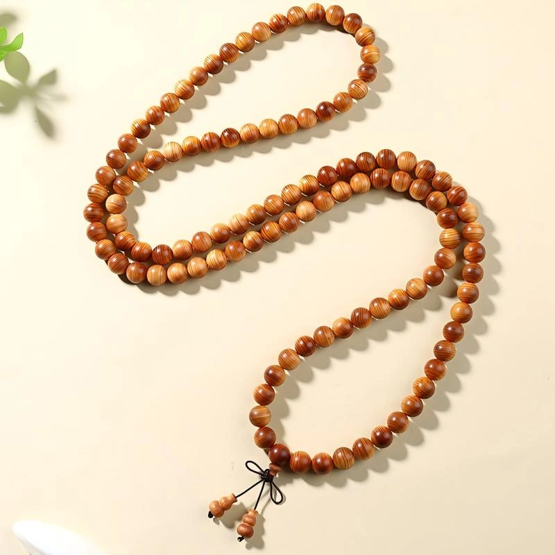 Natural Thuja Wood 108 Bead Mala with Gourd Tassel – Meditation Prayer Beads and Wrap Bracelet