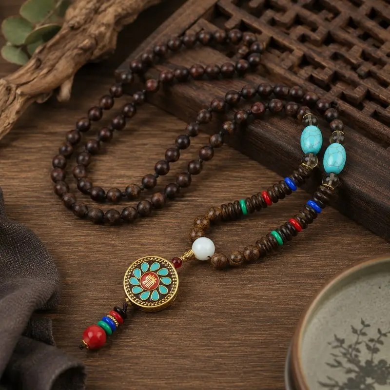 Nepalese-Inspired Natural Wood Bead Necklace with Auspicious Wheel Pendant – Good Fortune, Renewal & Positive Direction
