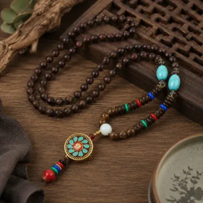 Nepalese-Inspired Natural Wood Bead Necklace with Auspicious Wheel Pendant – Good Fortune, Renewal & Positive Direction