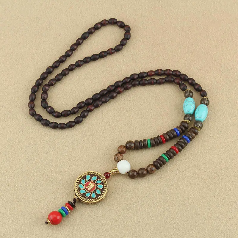 Nepalese-Inspired Natural Wood Bead Necklace with Auspicious Wheel Pendant – Good Fortune, Renewal & Positive Direction
