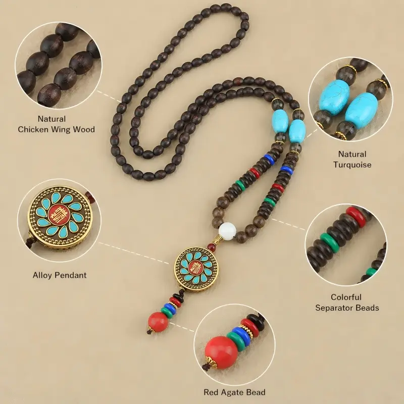 Nepalese-Inspired Natural Wood Bead Necklace with Auspicious Wheel Pendant – Good Fortune, Renewal & Positive Direction