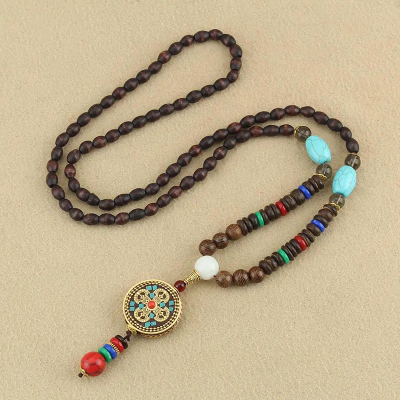 Nepalese-Inspired Natural Wood Bead Necklace with Double Vajra Pendant – Protection, Stability & Spiritual Strength