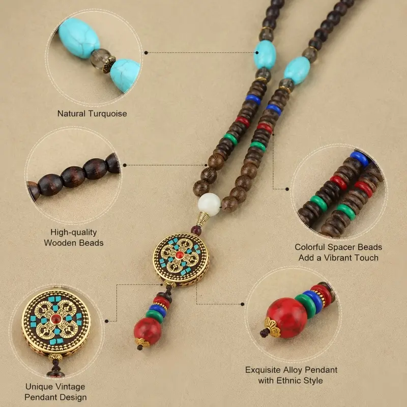 Nepalese-Inspired Natural Wood Bead Necklace with Double Vajra Pendant – Protection, Stability & Spiritual Strength