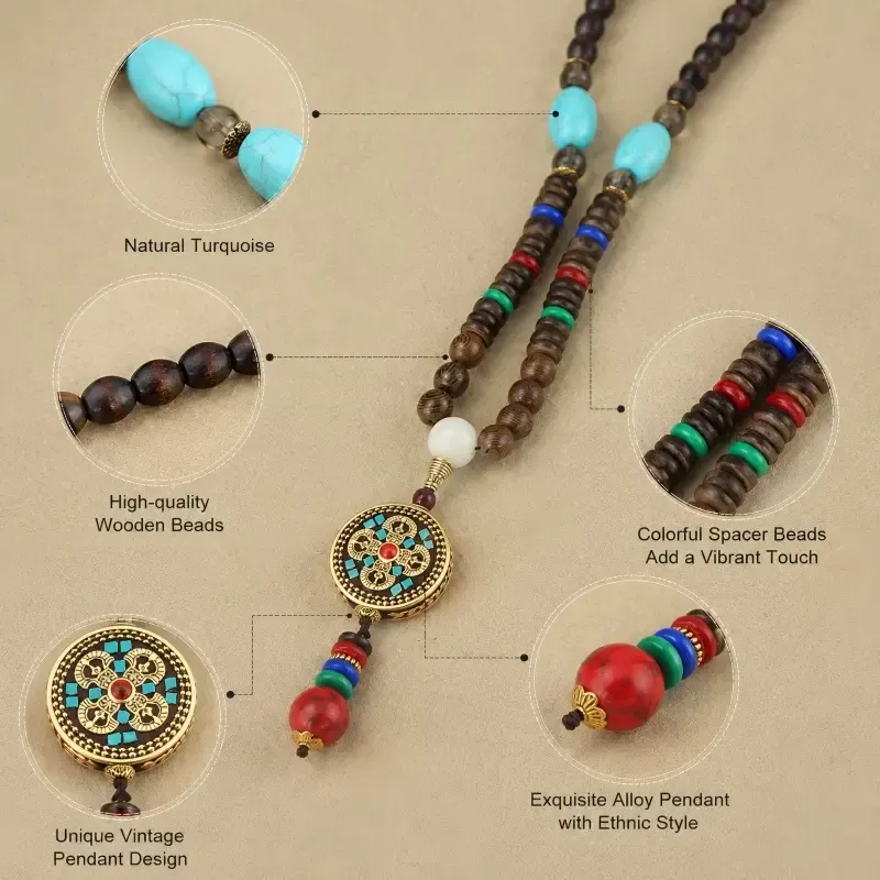 Nepalese-Inspired Natural Wood Bead Necklace with Double Vajra Pendant – Protection, Stability & Spiritual Strength