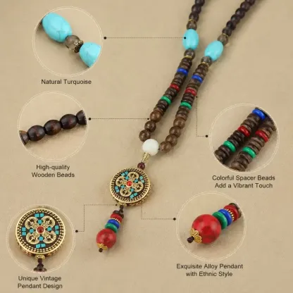 Nepalese-Inspired Natural Wood Bead Necklace with Double Vajra Pendant – Protection, Stability & Spiritual Strength