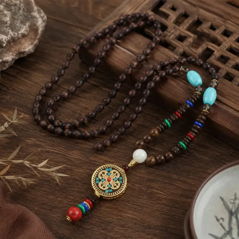 Nepalese-Inspired Natural Wood Bead Necklace with Double Vajra Pendant – Protection, Stability & Spiritual Strength