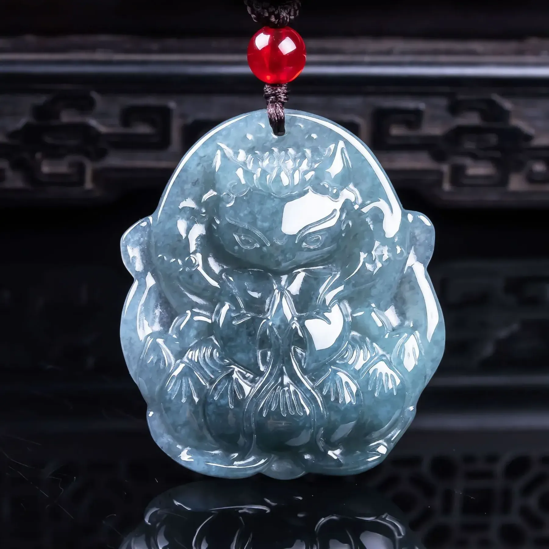 Nine-Tailed Fox Fairy Natural A-Grade Jadeite Necklace for Prosperity & Spiritual Protection