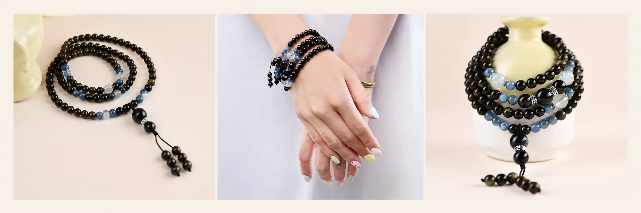 Obsidian 108 Mala Beads - Natural Obsidian Bracelet for Protection, Inner Peace & Vitality