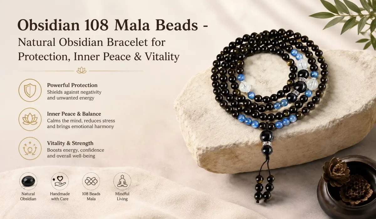 Obsidian 108 Mala Beads - Natural Obsidian Bracelet for Protection, Inner Peace & Vitality