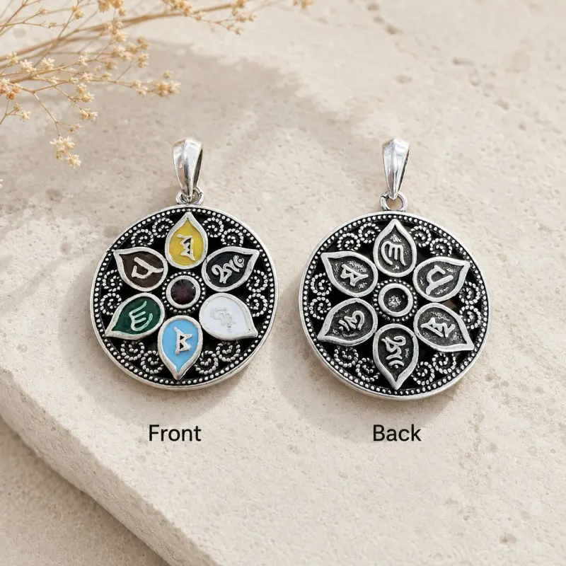 Om Mani Padme Hum Six-Petal Lotus Pendant Necklace – Compassion, Wisdom & Inner Peace