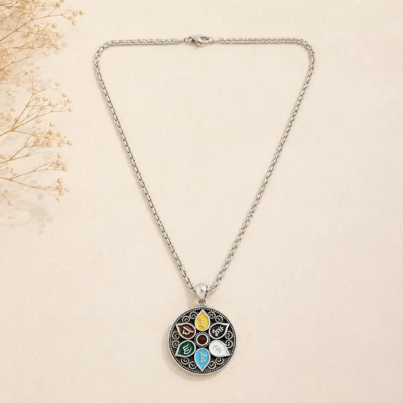 Om Mani Padme Hum Six-Petal Lotus Pendant Necklace – Compassion, Wisdom & Inner Peace