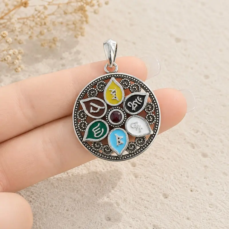 Om Mani Padme Hum Six-Petal Lotus Pendant Necklace – Compassion, Wisdom & Inner Peace