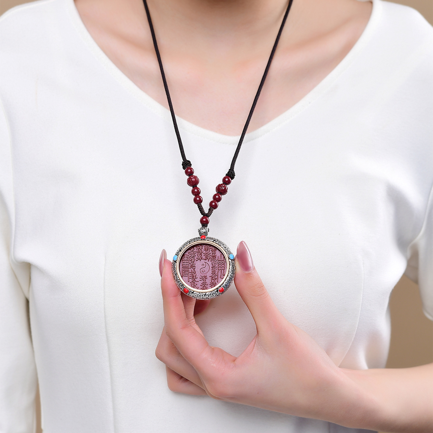 Purple Gold Sand Mountain Spirit Coin Rotating Pendant Cinnabar Necklace – Protection, Inner Peace & Good Fortune