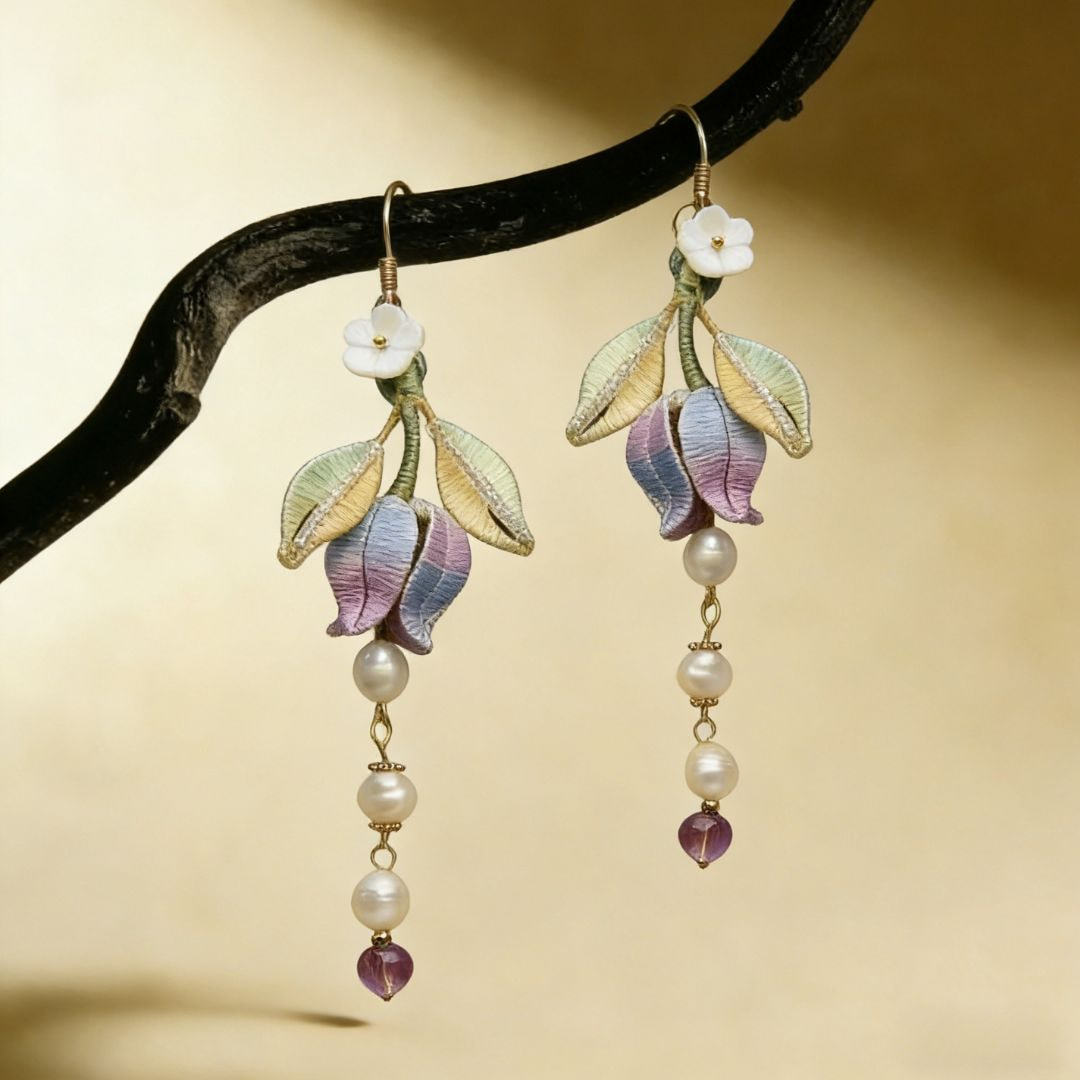 Radiant Lily of the Valley Mulberry Silk Earrings - Happiness & Purity