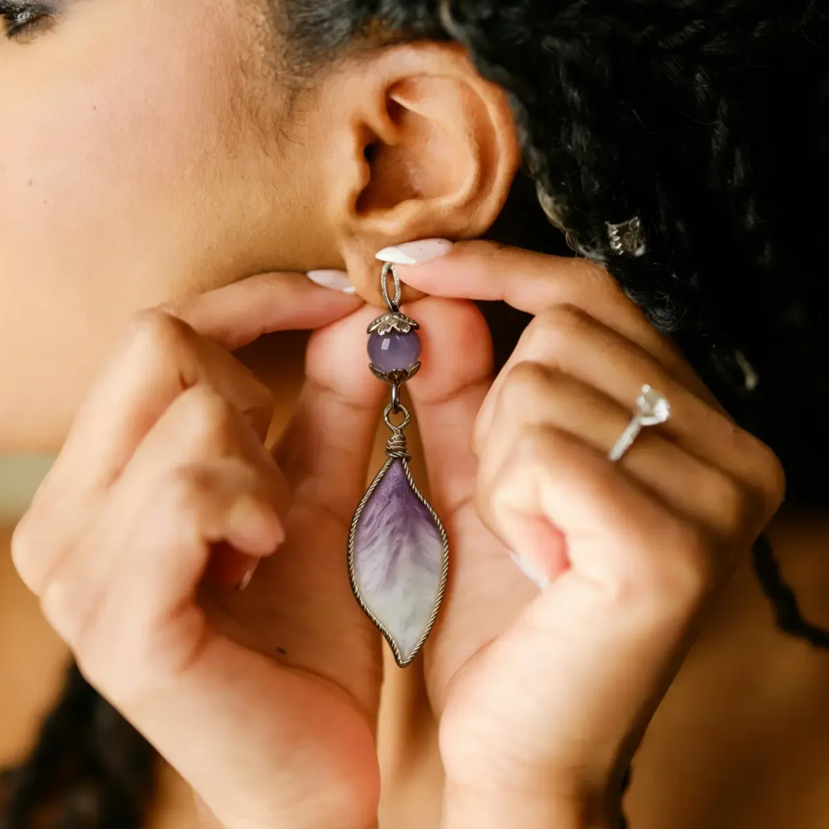 Radiant Violet Petal Mulberry Silk & Chalcedony Earrings