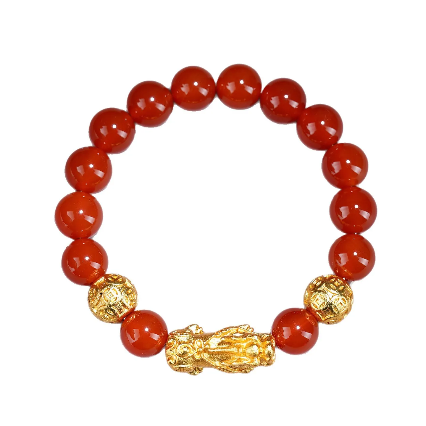 Red Agate Pixiu Coin Bracelet - Natural Red Agate & Gold Pixiu Bracelet for Prosperity & Protection
