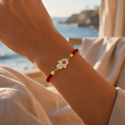 Red Milan Cord & Electroplated Alloy Hamsa Evil Eye Bracelet – Spiritual Protection, Good Fortune & Inner Peace