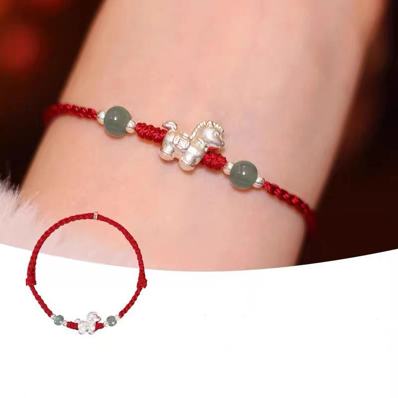 S999 Silver Horse Zodiac Bracelet with Jade and Cinnabar – Red String Good Luck Jewelry
