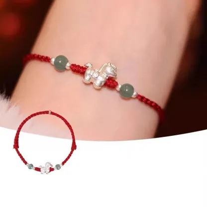 S999 Silver Horse Zodiac Bracelet with Jade and Cinnabar – Red String Good Luck Jewelry