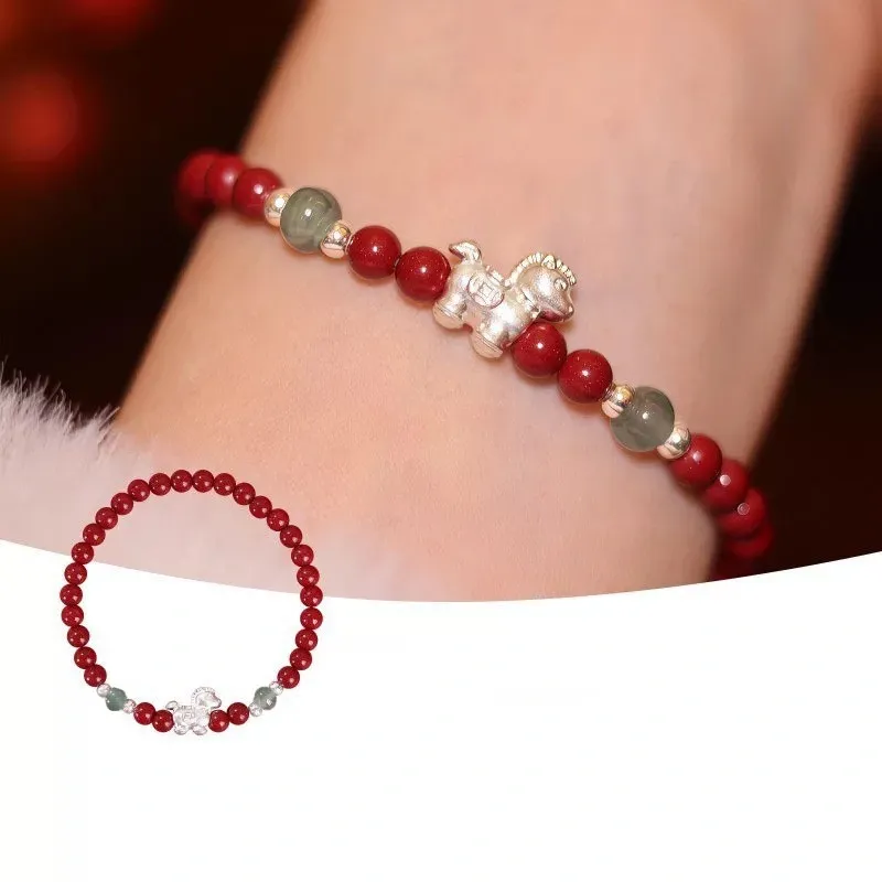 S999 Silver Horse Zodiac Bracelet with Jade and Cinnabar