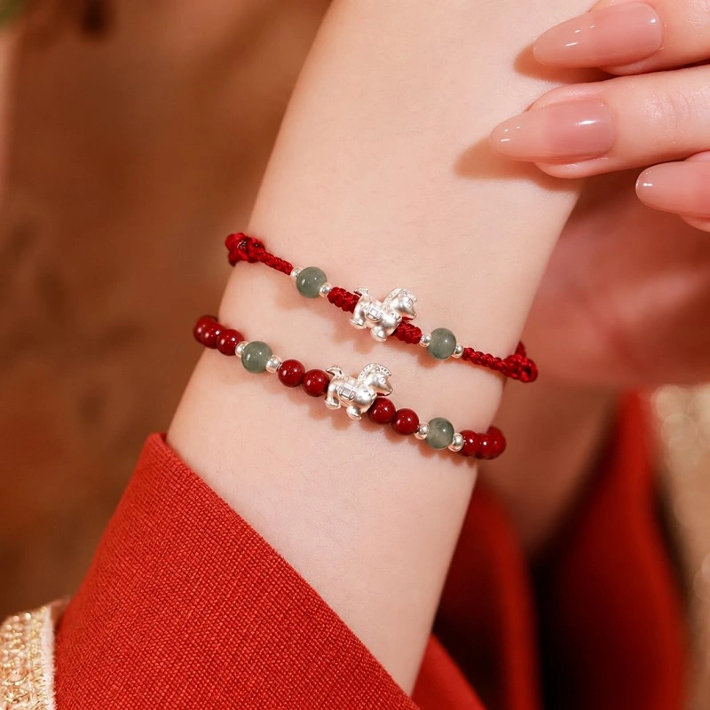S999 Silver Horse Zodiac Bracelet with Jade and Cinnabar – Red String Good Luck Jewelry