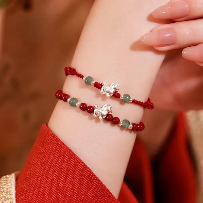 S999 Silver Horse Zodiac Bracelet with Jade and Cinnabar – Red String Good Luck Jewelry