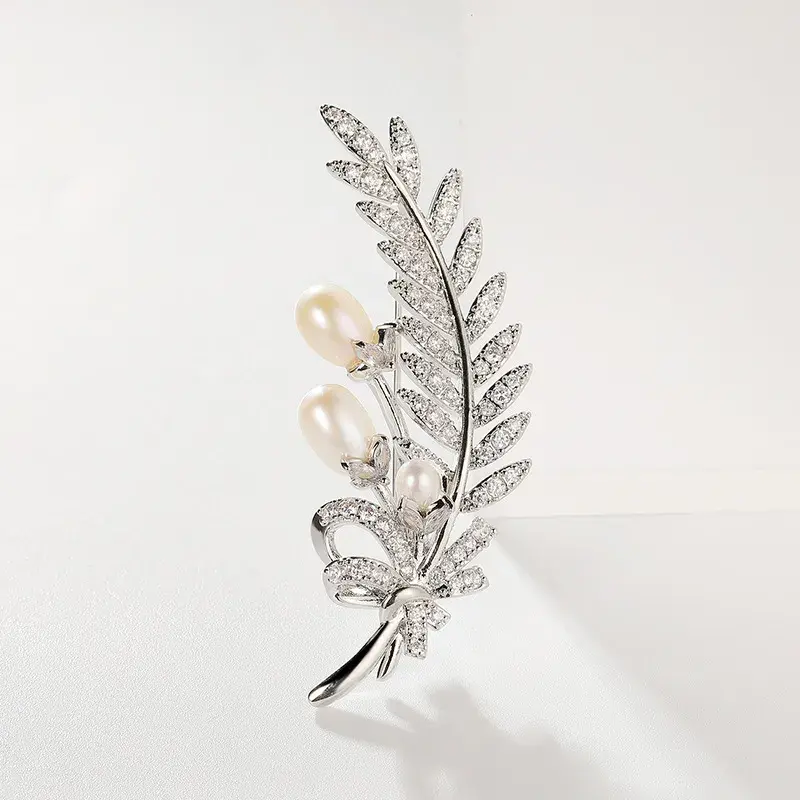 Silver White Freshwater Pearl Zircon and Natural Pearl Brooch for Timeless Elegance & Professional Grace