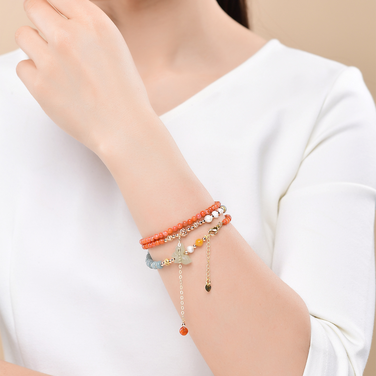 Southern Red Agate & Blue Water Jade Bracelet Necklace for Vitality & Inner Peace