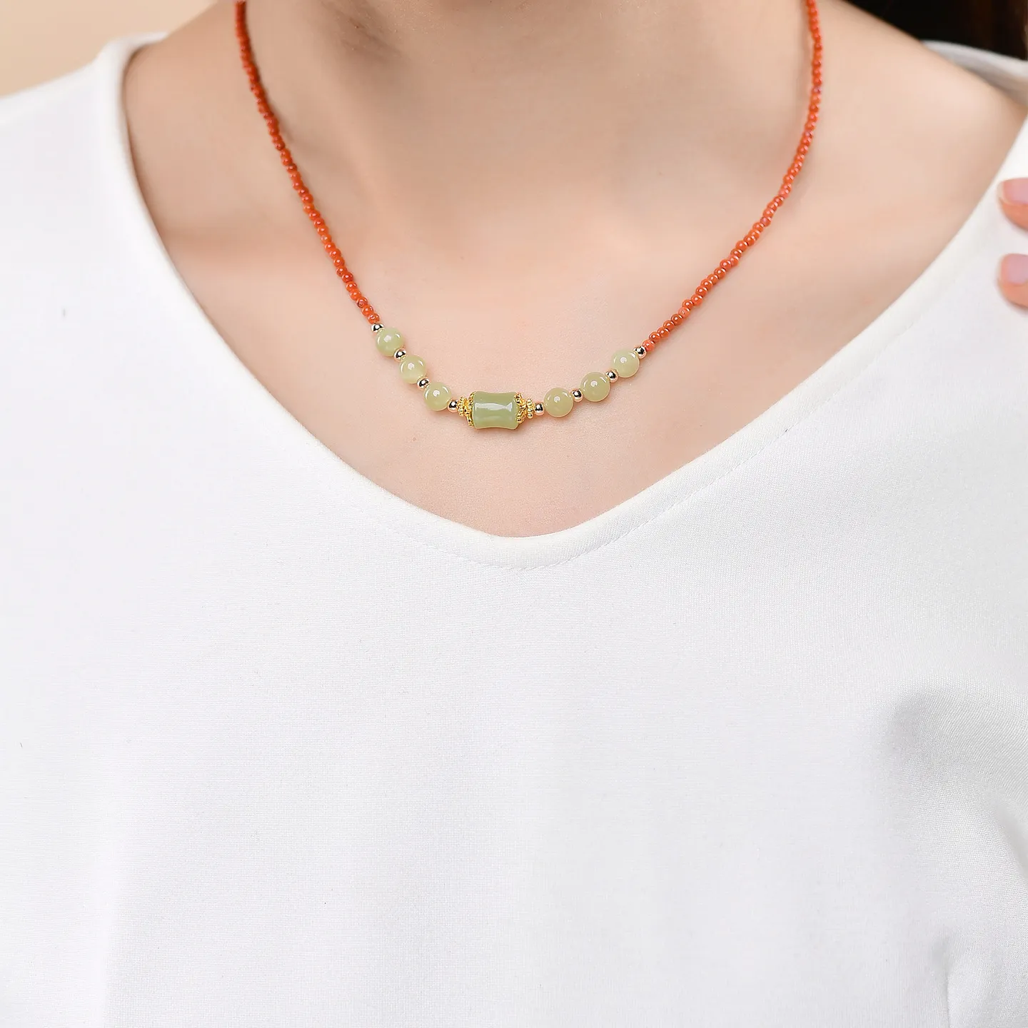 Southern Red Agate & Hetian Jade Necklace for Inner Peace & Elegant Vitality