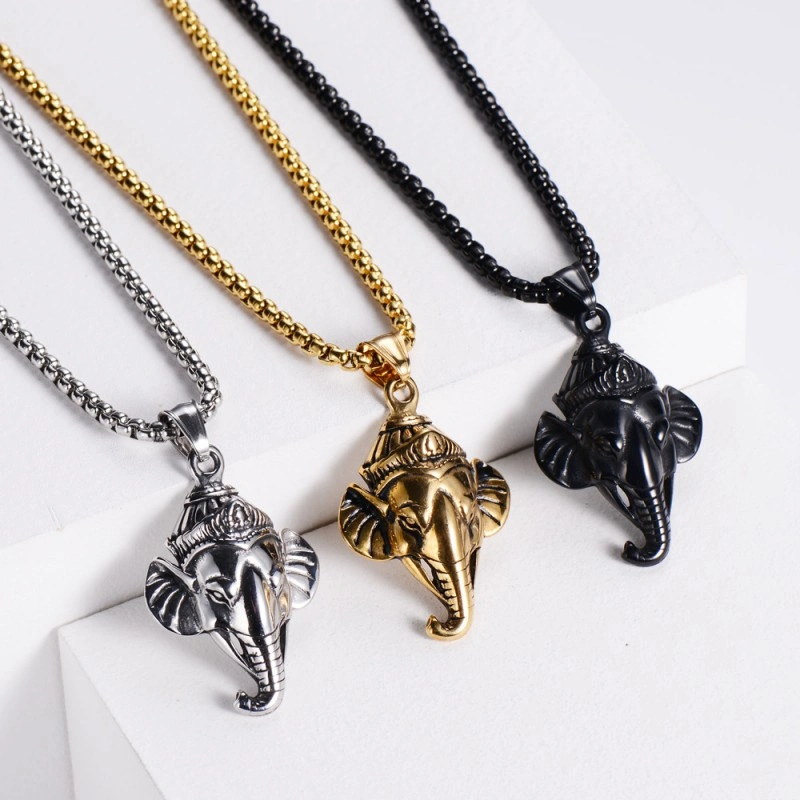 Stainless Steel Ganesha Elephant Head Pendant Necklace – Vintage Hindu Amulet for Men & Women